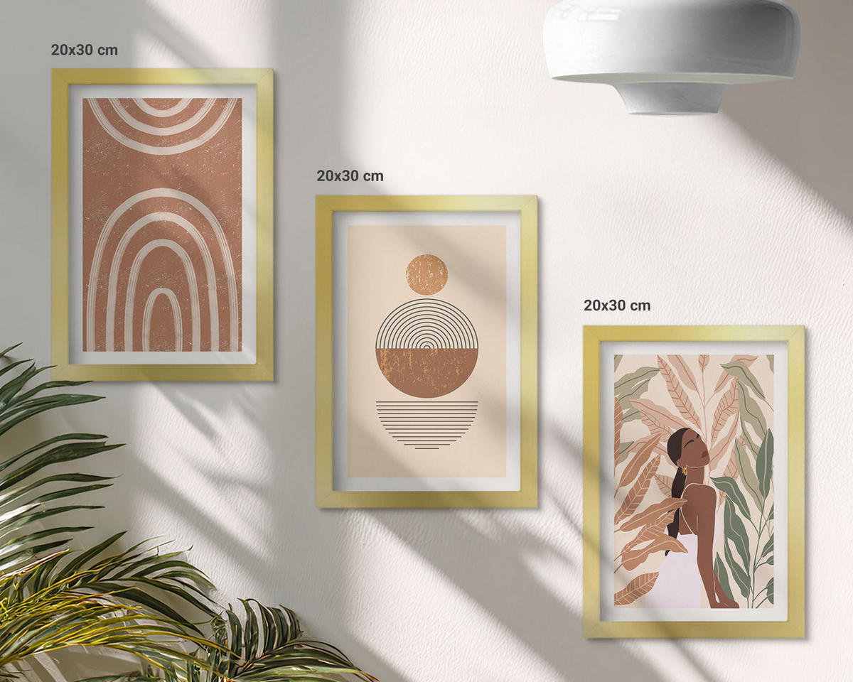 BILDER SET 3er Set - 20x30 cm Goldrahmen - Stilvolle Pflanzenmuster und Geometrie - Goldfarben, Kunststoff (20/30cm) - TULUP