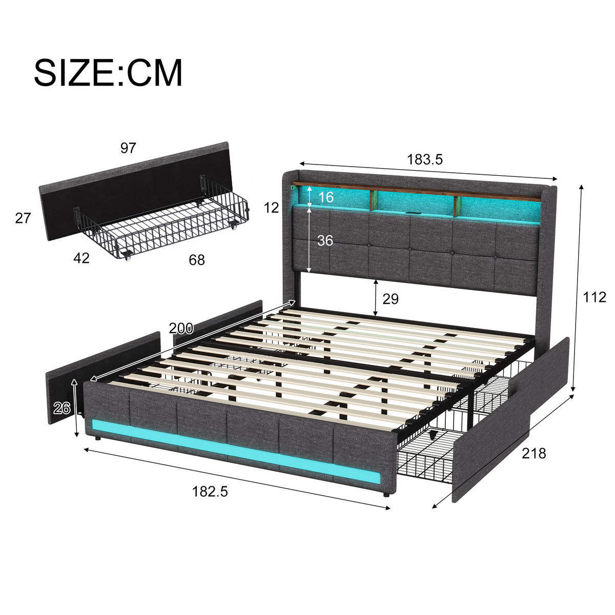 POLSTERBETT 180x200 cm LED USB Schubladen Stauraum grau - Grau, Holz (180/200cm) - LEBENLANG