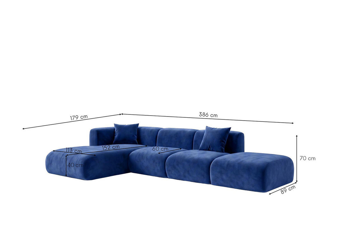 ECKSOFA L-Form Mit Hocker, Velvet-Stoff Bluvel, Tintenblau, Links, GRETA - Blau, Holz (386/179cm) - Kaiser Möbel