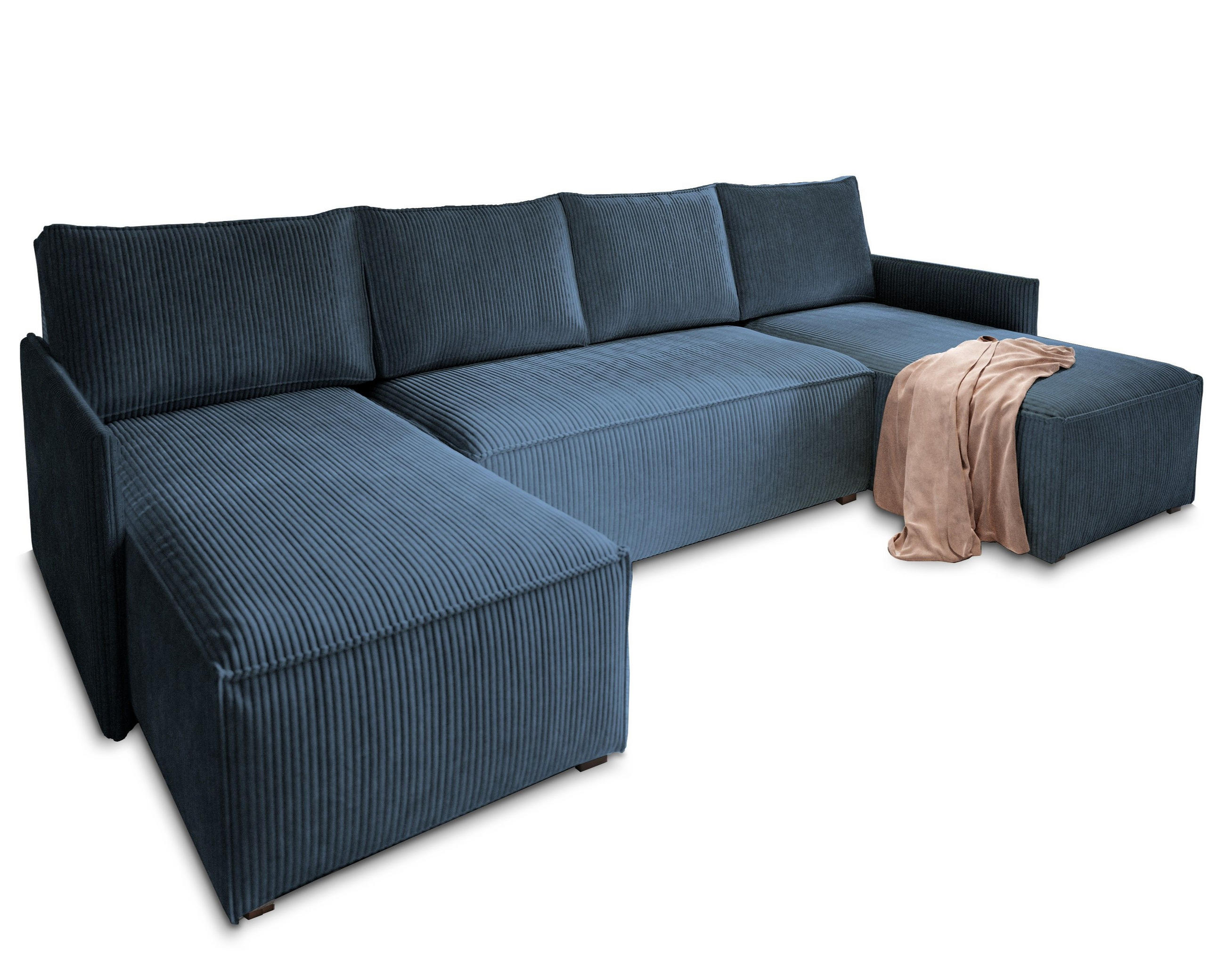 WOHNLANDSCHAFT TRES Blau Kordstoff mit Schlaffunktion - Blau, Holz (271/85/140cm) - MASSENO