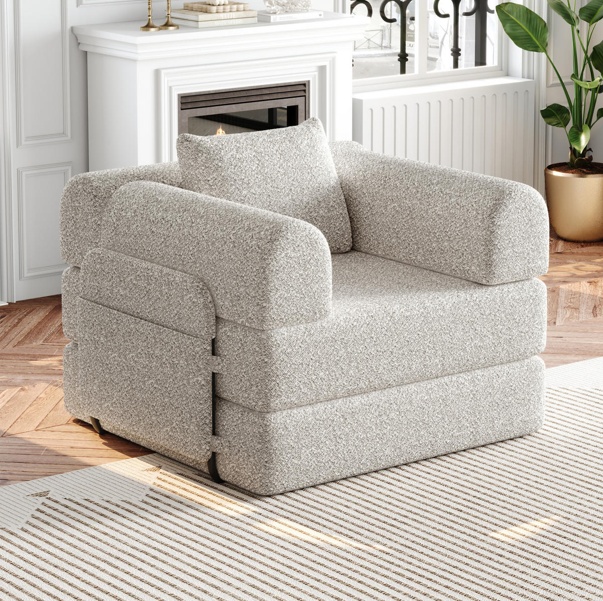 SCHLAFSOFA aus Chenille Khaki 2-in-1 mit Armlehnen-Staufach und Stahlrahmen - Naturfarben, Textil (94/49.5/181.6cm) - Modfu