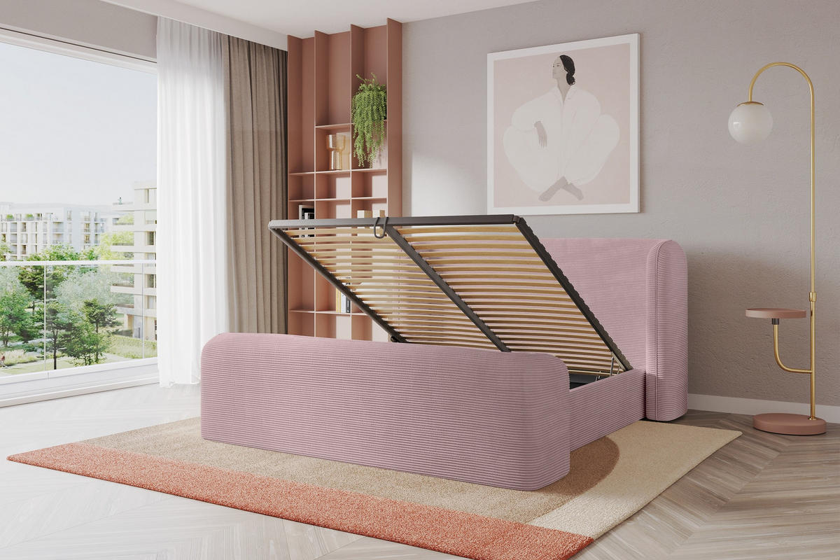 POLSTERBETT mit Bettkasten, Fußteil und Lattenrost, Boxbett ohne Matratze - ESTI-Z 160x200 Rosa - Rosa, Holzwerkstoff/Textil (160/200cm) - ALTDECOR