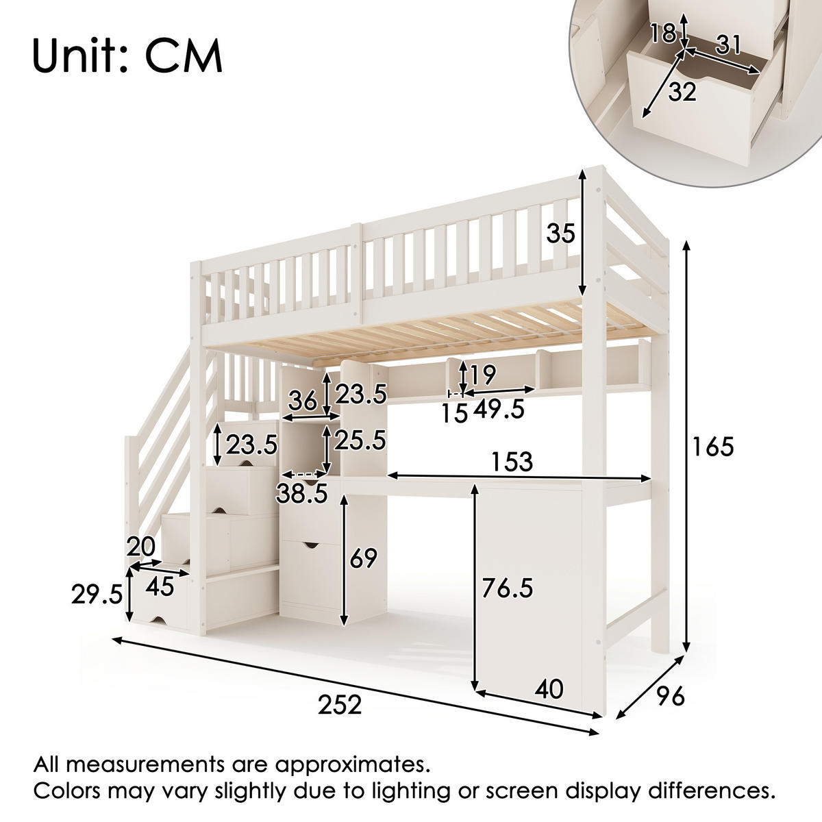 HOCHBETT 90/200 cm in Weiß mit Treppenschrank, Eckschreibtisch und Stauraum - Weiß, Holz/Holzwerkstoff (90/200cm) - WISHDOR