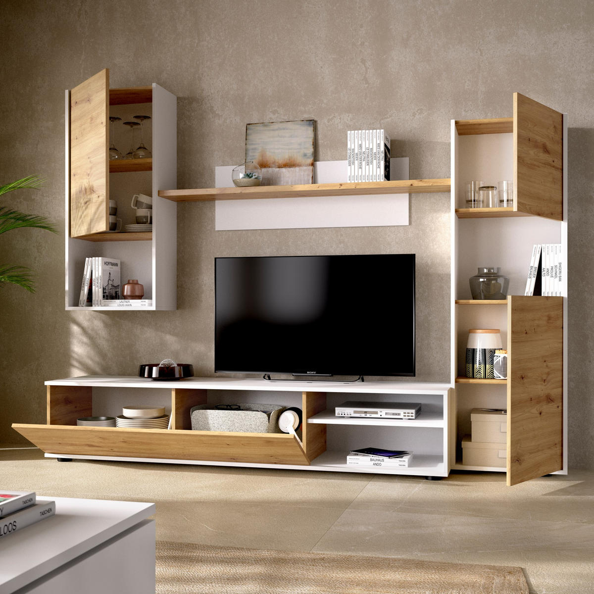 WOHNWAND Holz-Effekt Geknotete Eiche, Weiß 41x220h180 - Braun, Holzwerkstoff (220/180/41cm) - DMORA