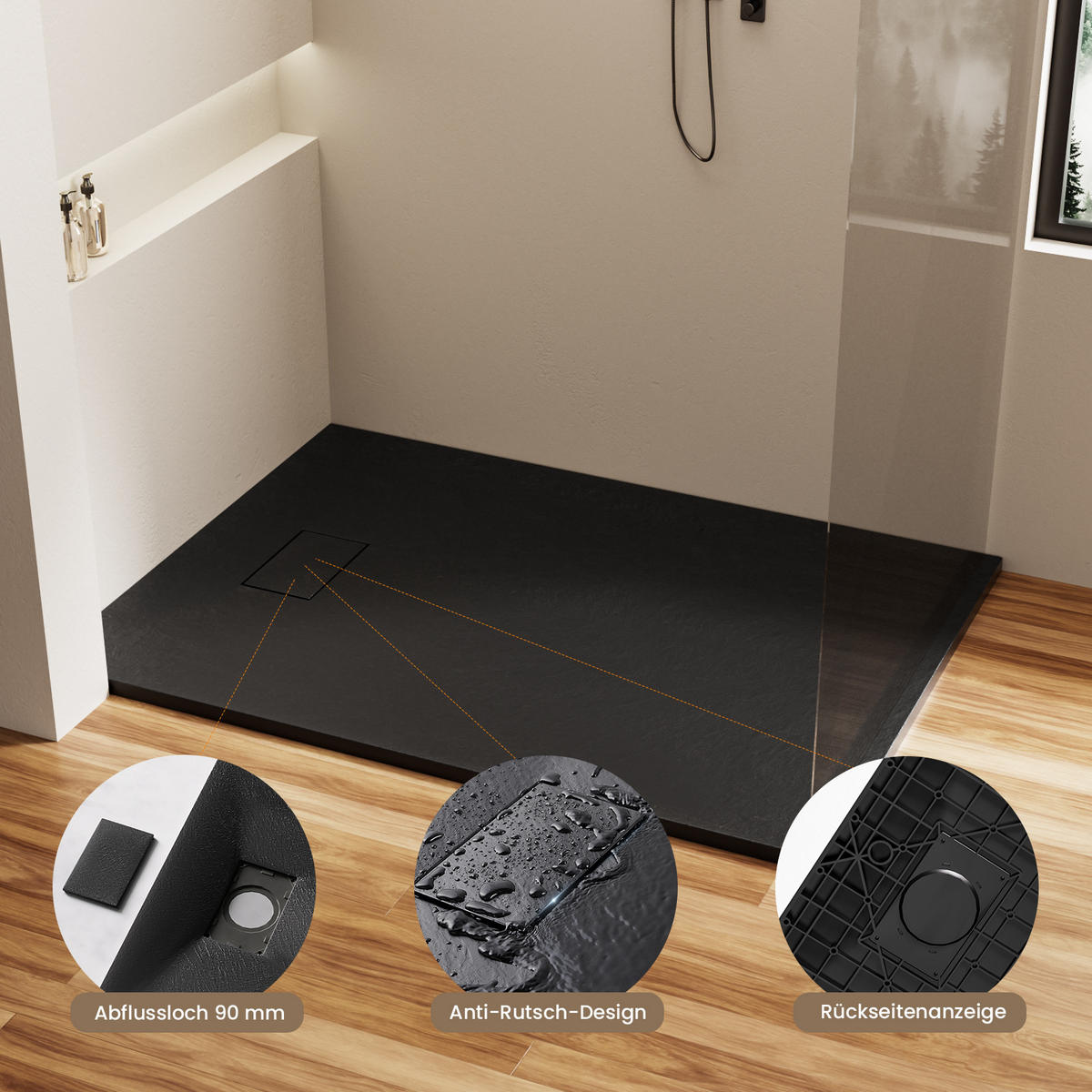 DUSCHWANNE mit rutschhemmender Oberfläche Schwarz 120/90 cm - Schwarz, Naturmaterialien (90/2.6/120cm) - EMKE