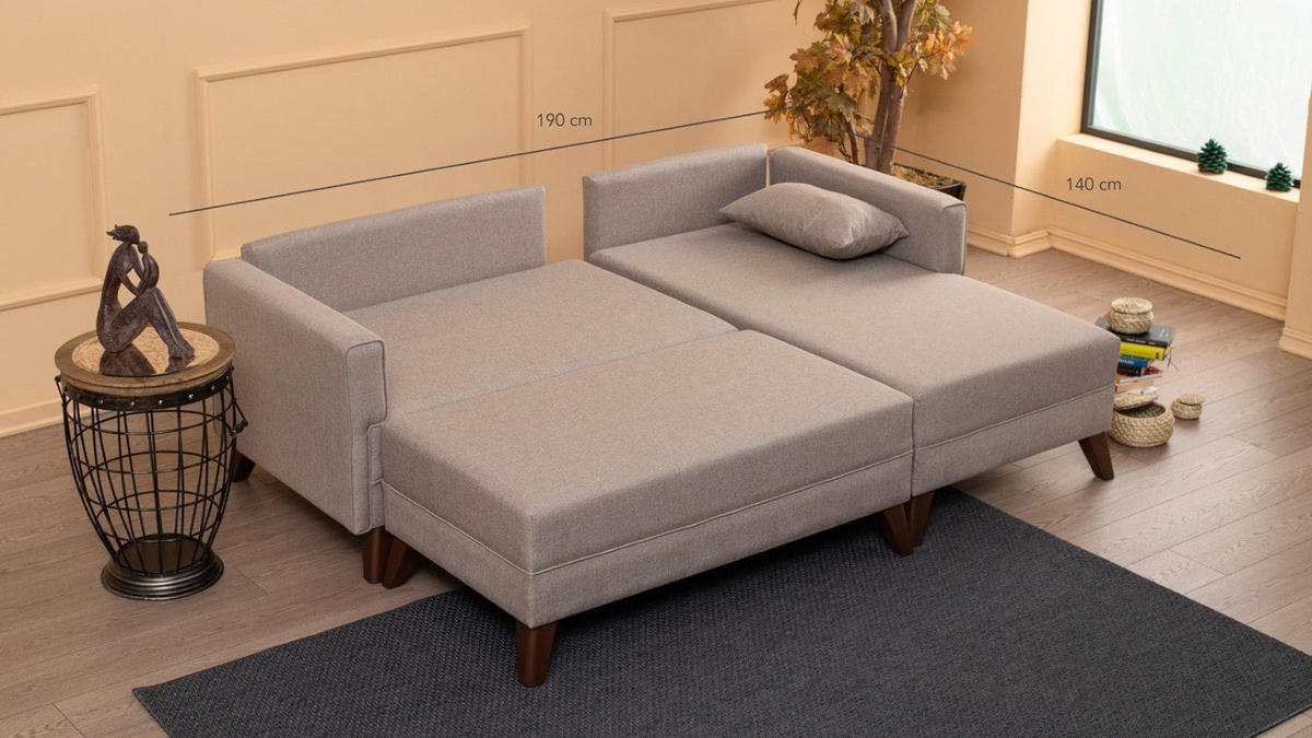 ECKSOFA mit Hocker als Schlaffläche, perfekt für kleine Räume - Walnussfarben/Creme, Holz/Kunststoff (140/205cm) - myHomelando