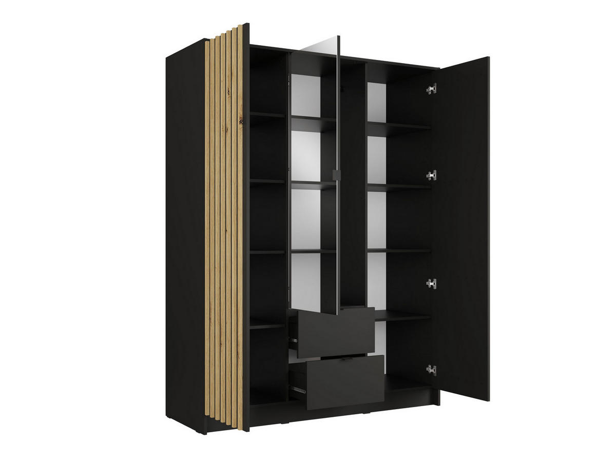 DREHTÜRENSCHRANK SATREN 150,8/200,5/54,5cm 3-türig mit Spiegel Schwarz - Schwarz/Eiche Artisan, Holzwerkstoff (150.8/200.5/54.5cm) - MASSENO