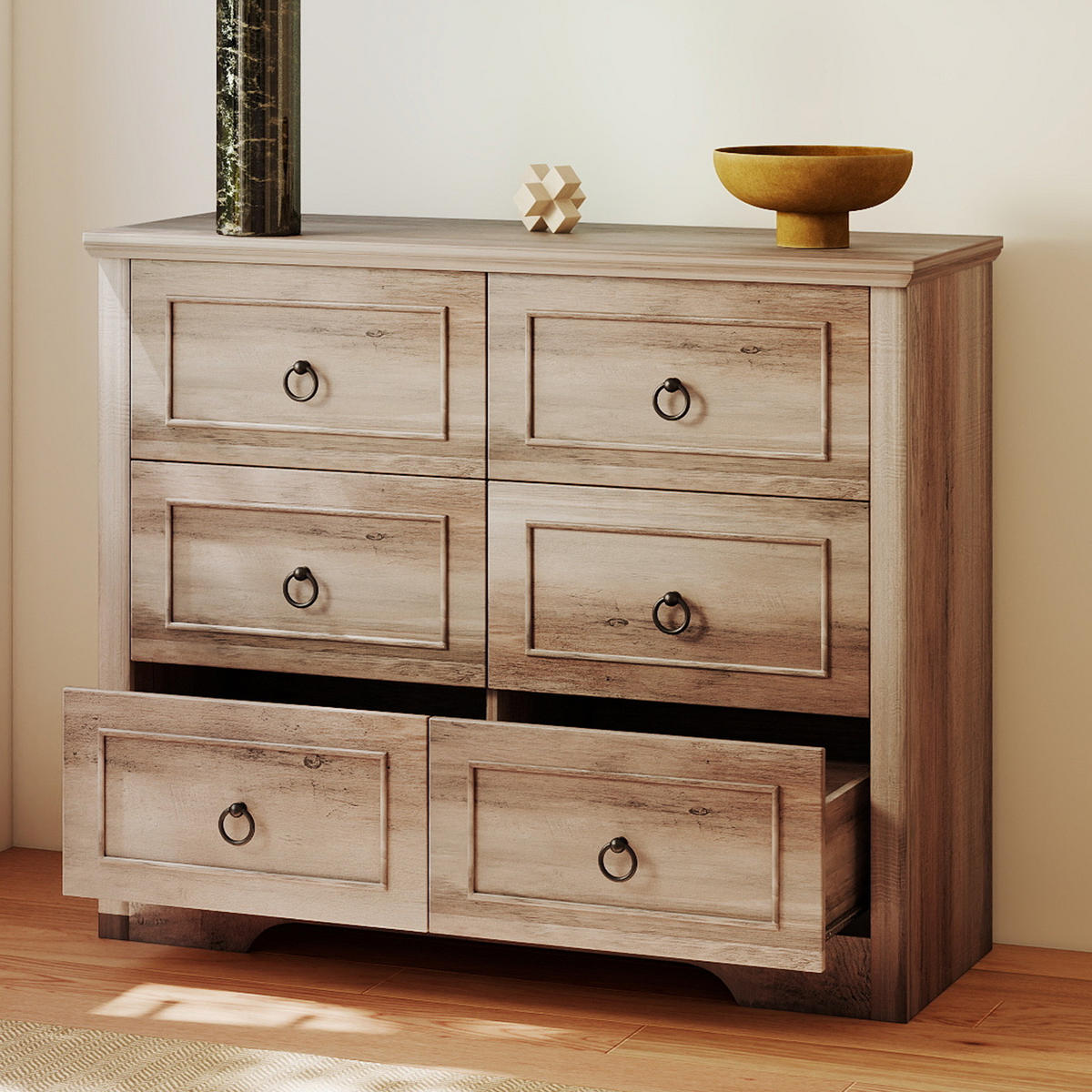 KOMMODE Rustikal 6 Schubladen – Freistehende MDF-Kommode mit Kippschutz, 102 × 40 × 85 cm, Grau - Wildeiche, Holzwerkstoff (102/85/40cm) - Ej. Life