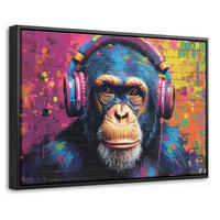 LEINWAND Bilder mit Rahmen - Graffiti - Schimpanse - Straßenkunst - Kopfhörer - Affe - 30x20 - Blau, Textil (30/20cm) - MuchoWow