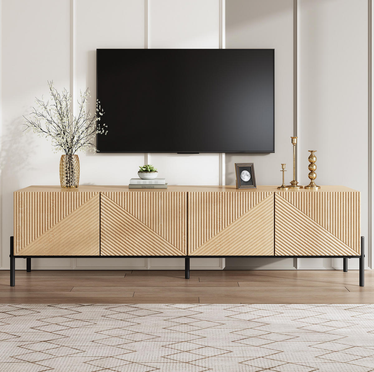 TV stolek z MDF 163,5x40x45 cm přírodní se 4 dvířky, 3D strukturou a otvíráním na stisk - světle hnědá, kompozitní dřevo (163.5/45/40cm) - Modfu