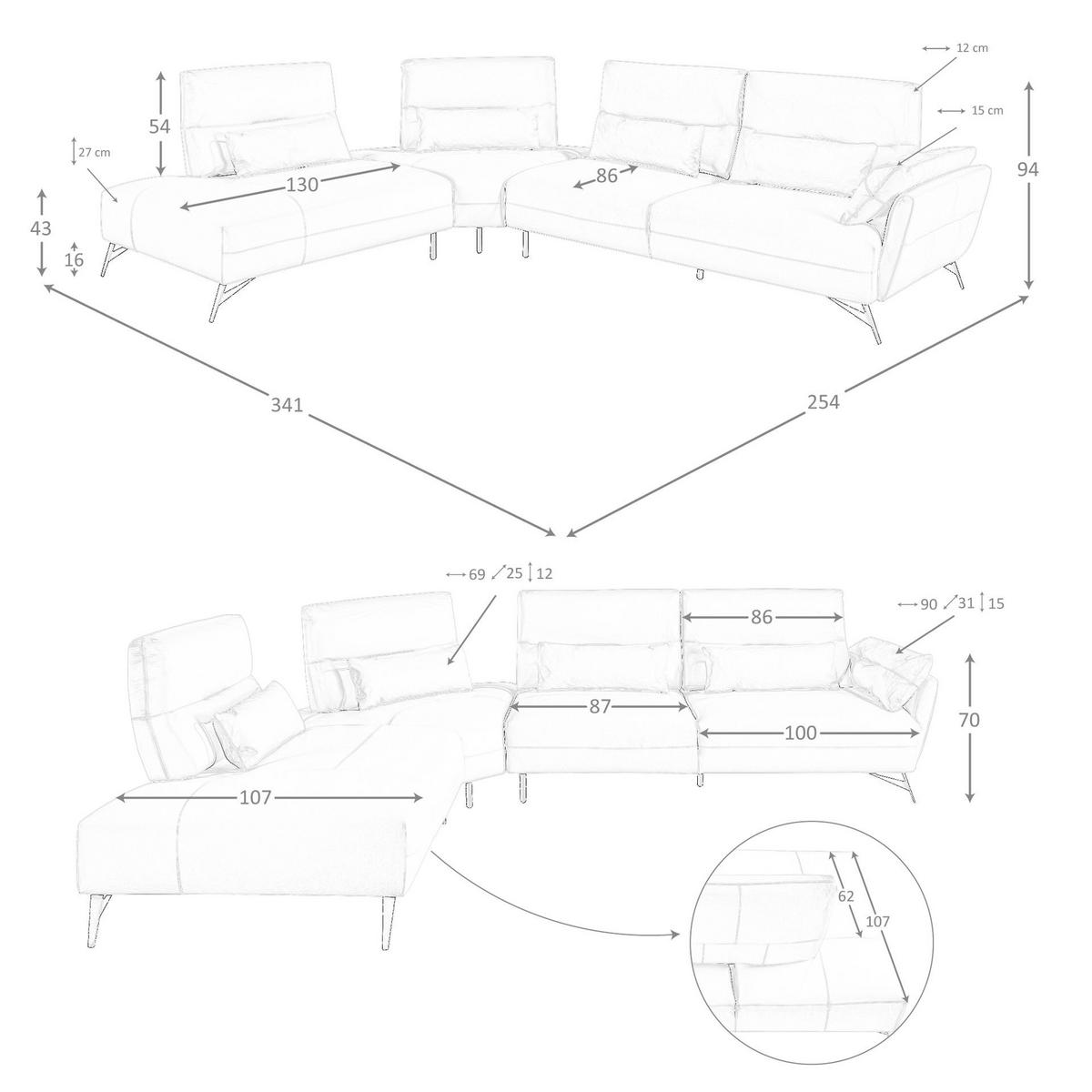 ECKSOFA Ecke Sand Schwarz 341/254/94 cm - Beige, Leder/Metall (341/254cm) - ANGEL CERDA