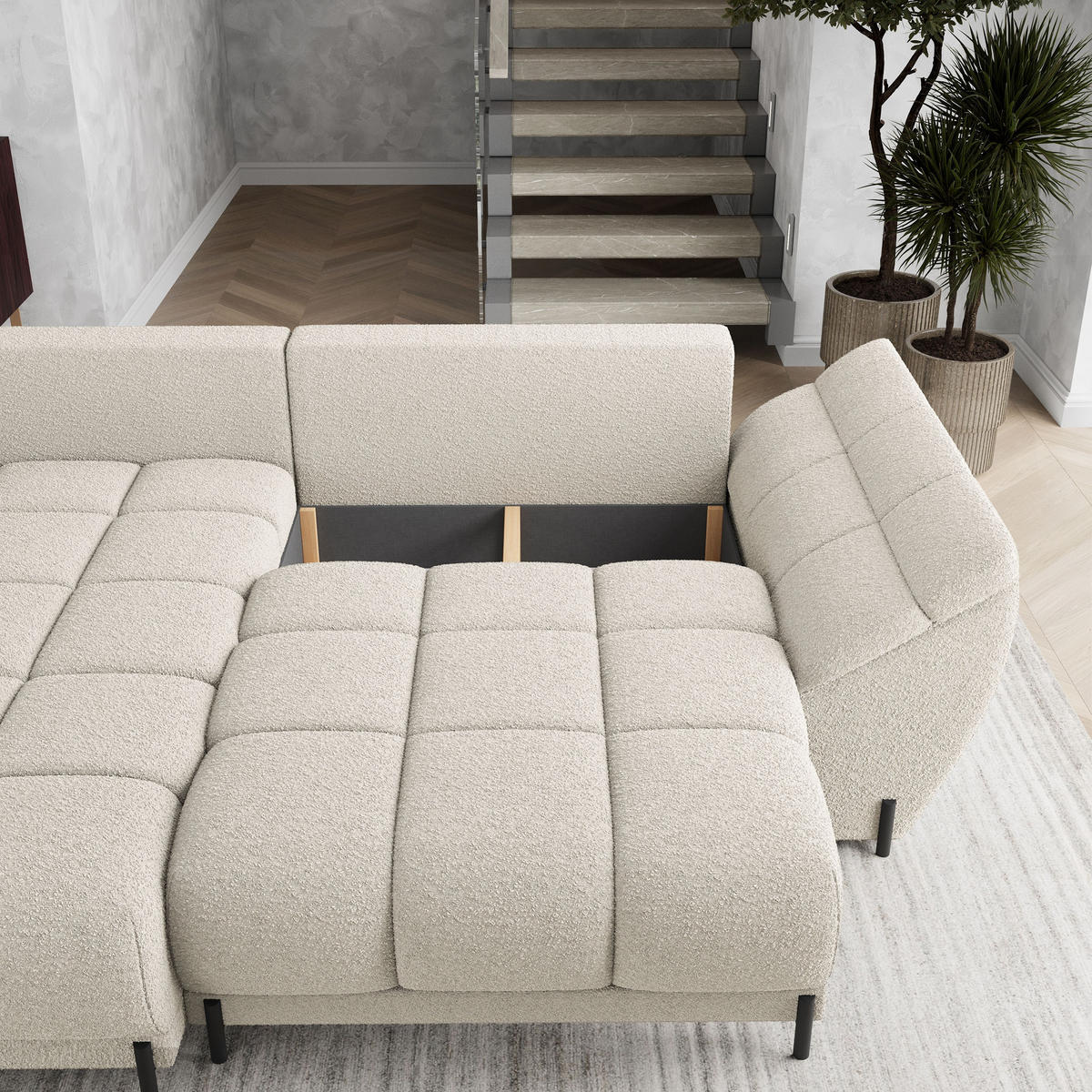 ECKSOFA VESTANO L-S Creme Boucle-Stoff mit Schlaffunktion - Creme, Holz (287/182cm) - MASSENO