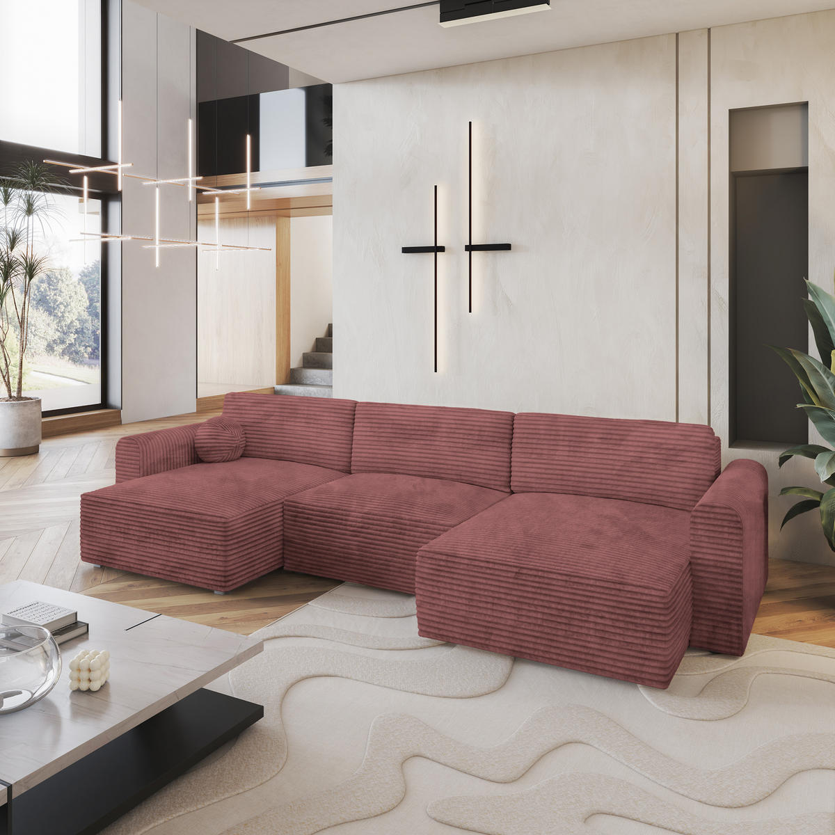 WOHNLANDSCHAFT FENTO Rosa Kordstoff mit Schlaffunktion - Rosa, Holz (347/90/148cm) - MASSENO