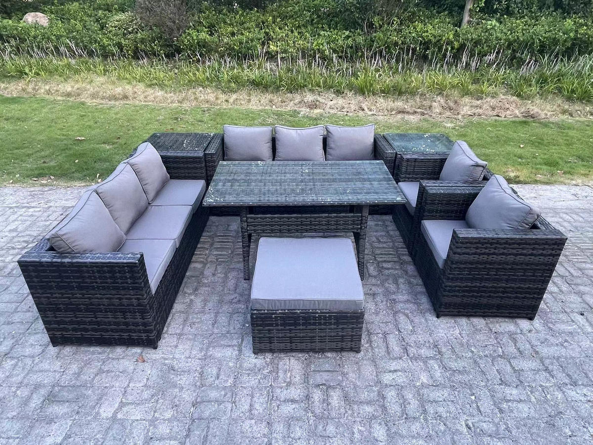 SITZGRUPPE mit Beistelltisch,Hockern Polyrattan Dunkelgrau 9-Sitzer - Dunkelgrau/Grau, Glas/Kunststoff - Fimous