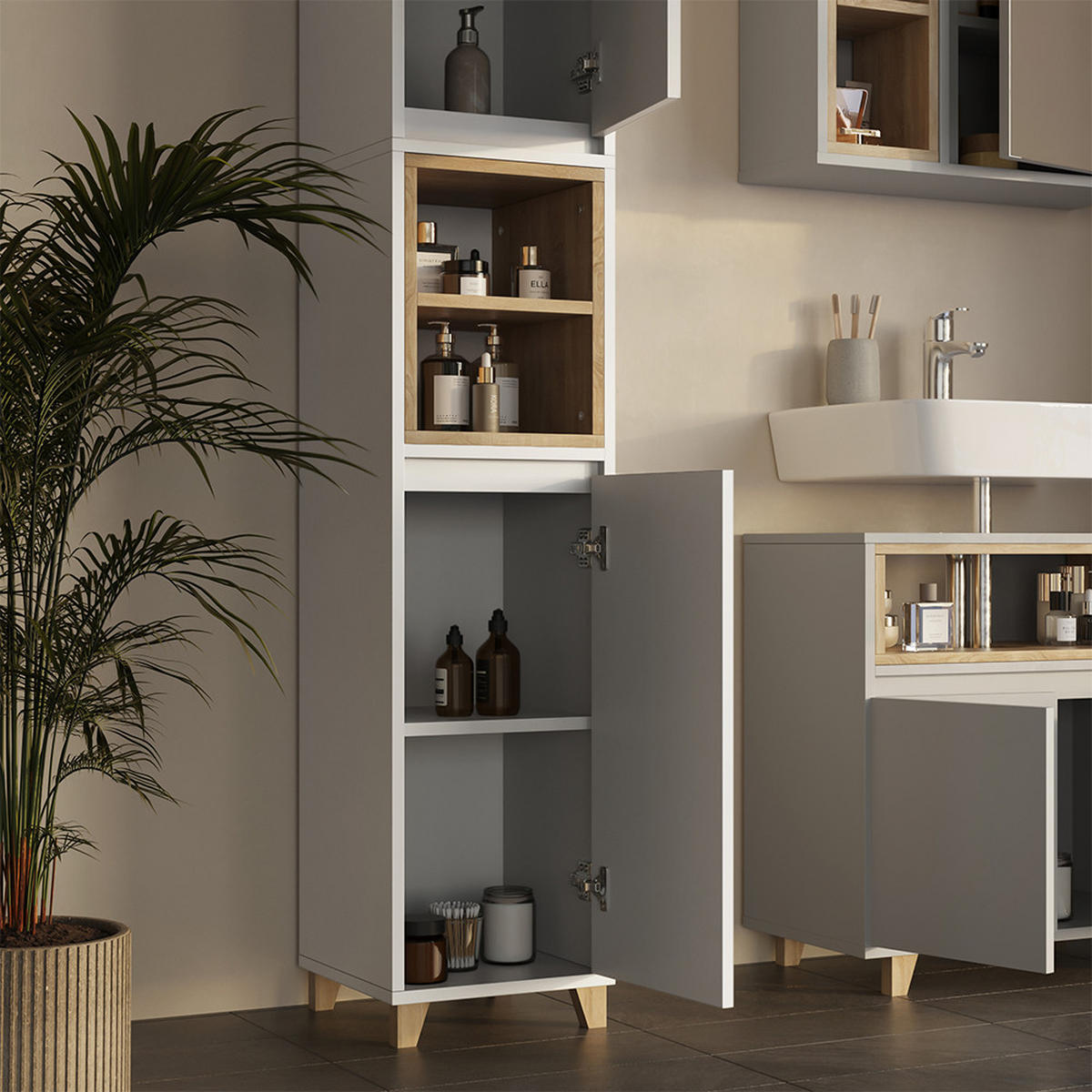 BADMÖBEL-SET Elnor Greige 3 Teile mit Hochschrank - Greige, Holzwerkstoff (60/61/30cm) - Vicco