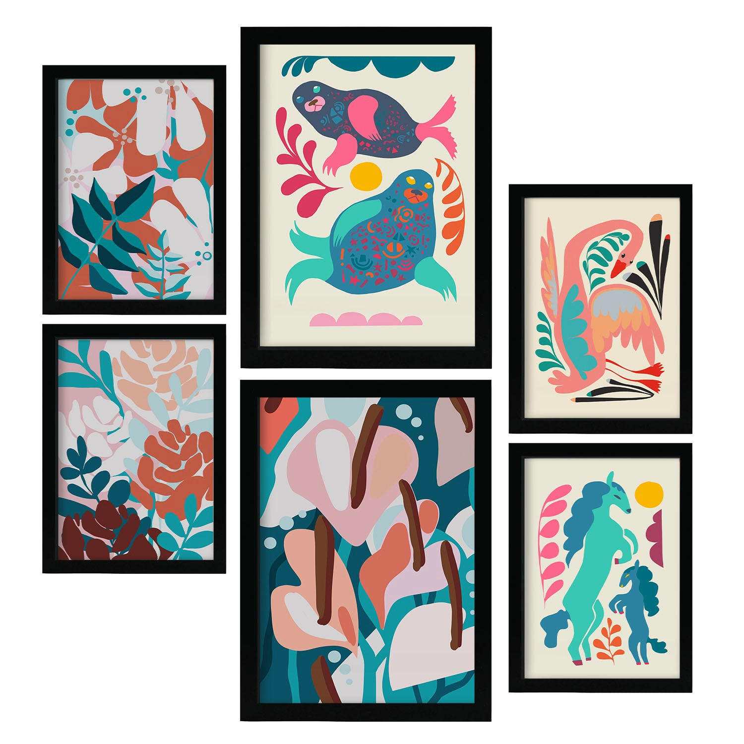 POSTER Set Mit 6 Lebende Harmonie In Tiere Zusammenfassungen A3 & A4 Schwarzer Rahmen - Schwarz, Papier (29/3cm) - Nacnic