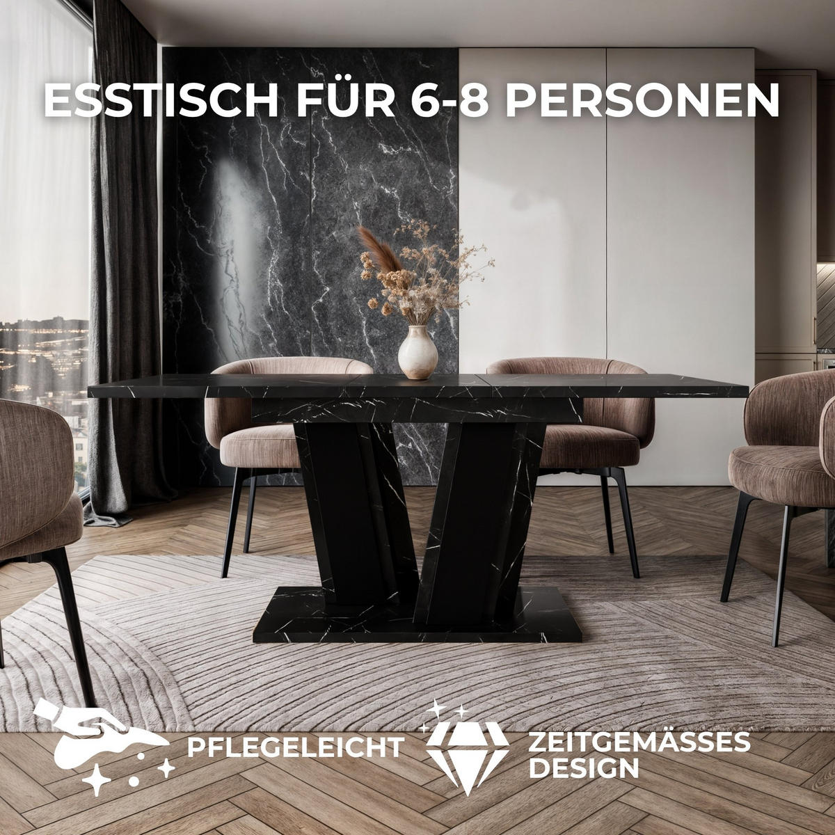 ESSTISCH Ausziehbar von 140 bis 180 cm in Schwarzer Marmor-Optik - Schwarz Hochglanz, Holzwerkstoff (80/180/75cm) - Home Collective
