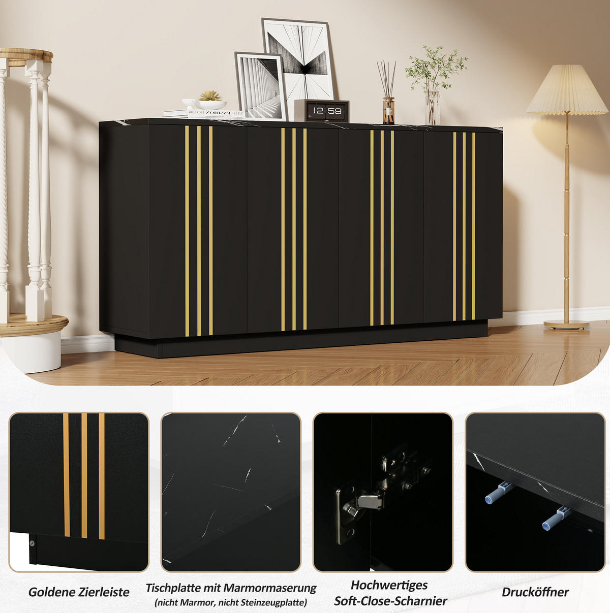 SIDEBOARD 140/35/70 cm schwarz aus Spanplatte mit 4 Türen - Schwarz, Holzwerkstoff (140/70/35cm) - OKWISH