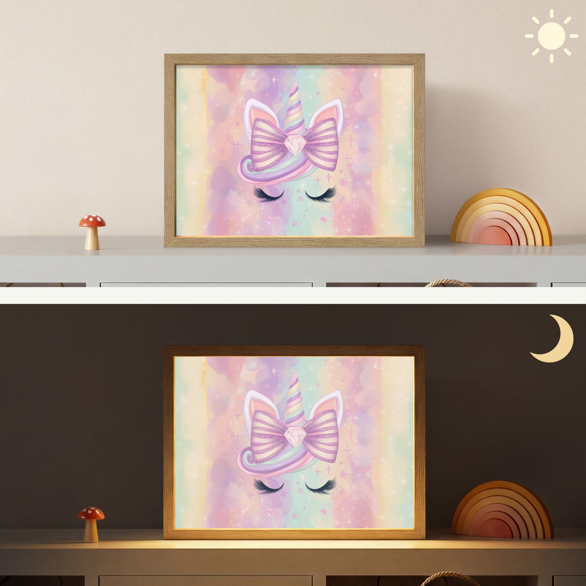 NÁSTĚNNÁ LAMPA S AKUMULÁTOREM Jednorožec - Třpytky - Duha - Pastelové barvy 40x30 cm - světle růžová, kompozitní dřevo (40/30/8cm) - OnlyWow