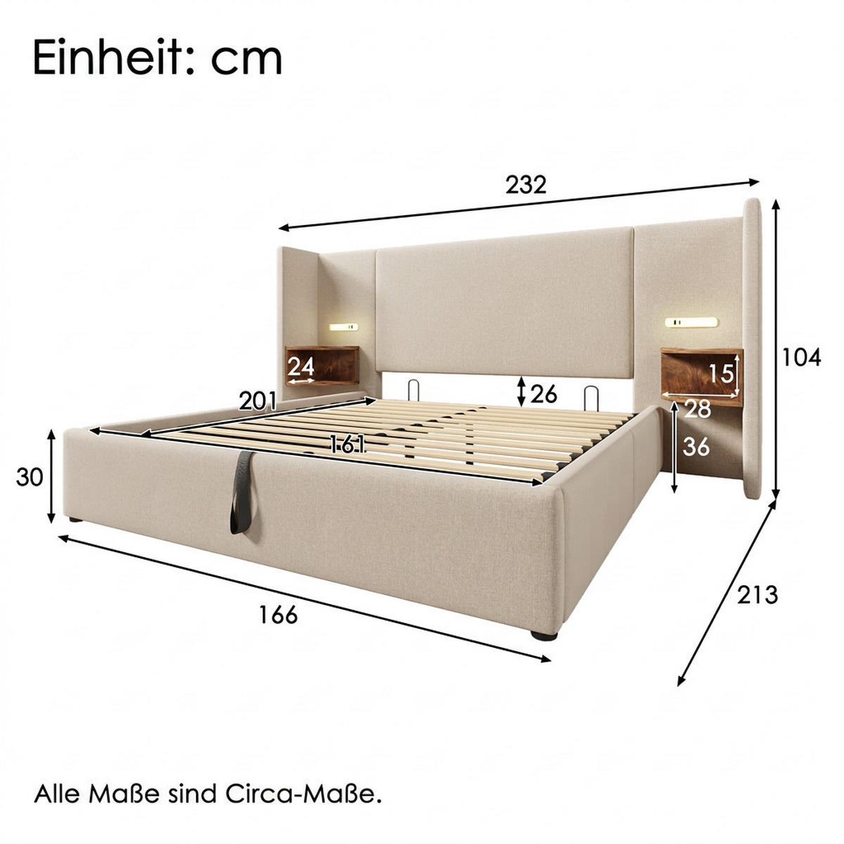 POLSTERBETT 160/200 cm Beige Leinen mit Nachttisch, Leselampe und USB Type-C Ladefunktion - Beige, Textil (160/200cm) - Oxeza
