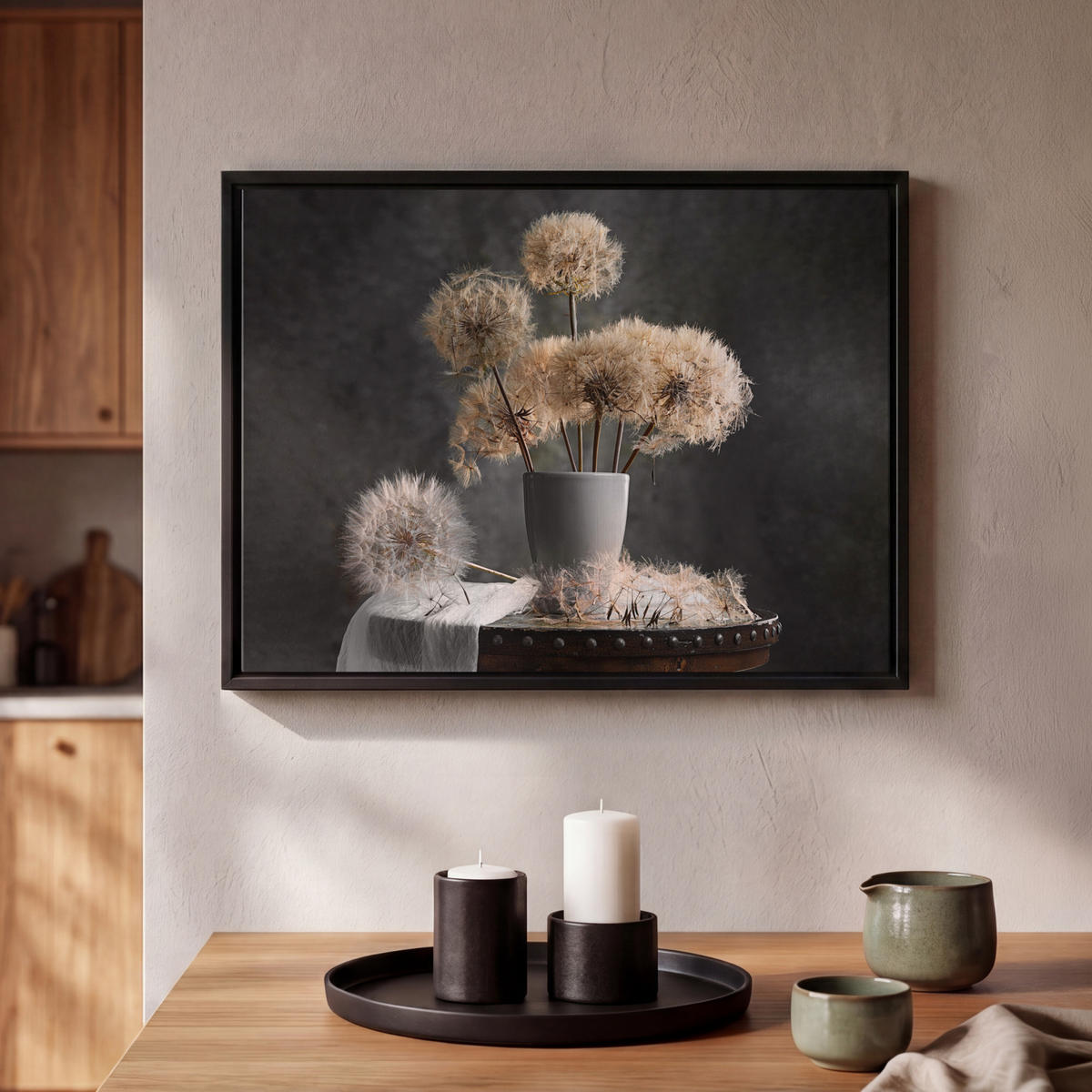 LEINWAND Bilder mit Rahmen - Blumensamen - Löwenzahn - Vase - Stilleben - Blumenstrauß - 40x30 - Dunkelgrau, Textil (40/30cm) - MuchoWow