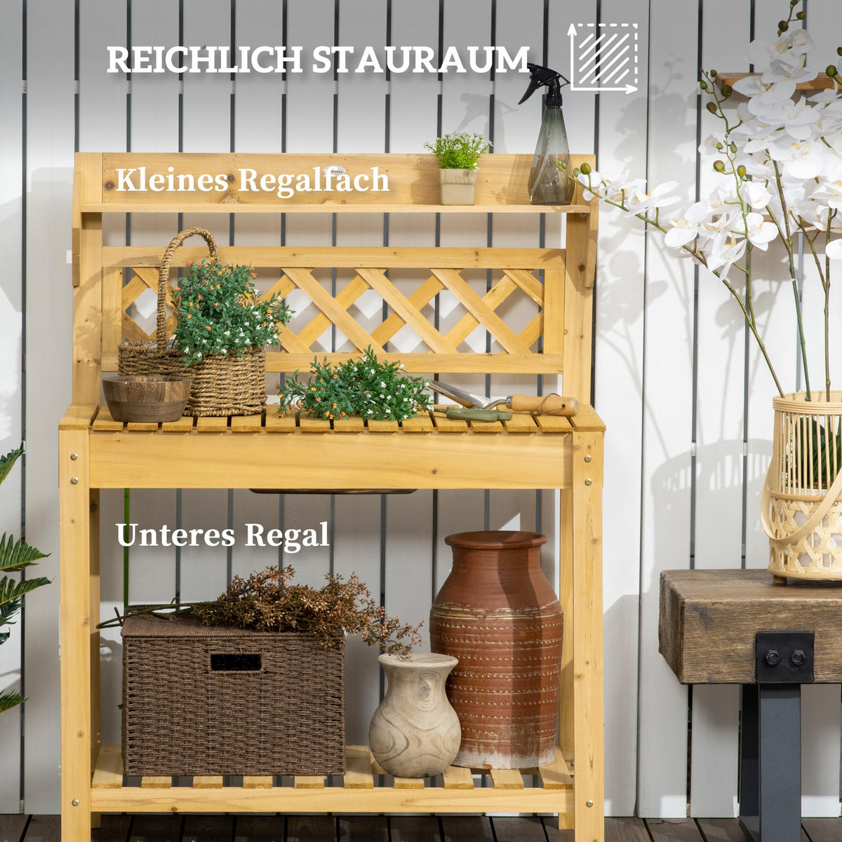 PFLANZTISCH mit ausziehbarer Tischplatte, 2 Ablagefächern, 92 x 45 x 120 cm, Braun - Braun, Holz (92/45/120cm) - Outsunny