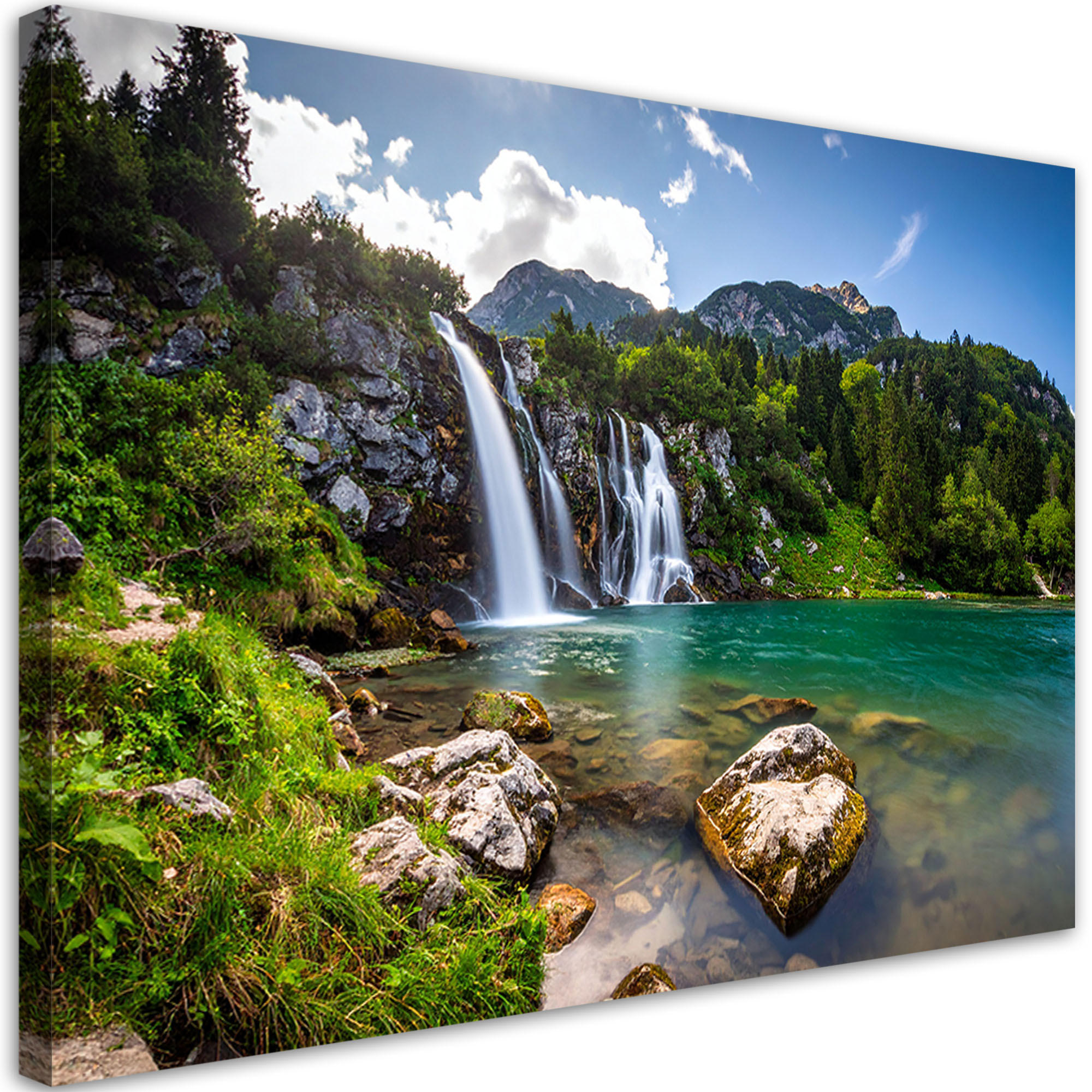 LEINWANDBILD Wasserfall Berge Landschaft Natur 120x80cm - Grün, Textil (120/80cm) - Feeby