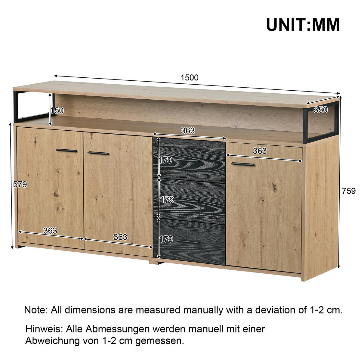 LOWBOARD 150/35/75,9 cm in Schwarz/Holzfarben mit 3 Türen und 3 Schubladen - Naturfarben, Holzwerkstoff (150/75.9/35cm) - Flora Grace