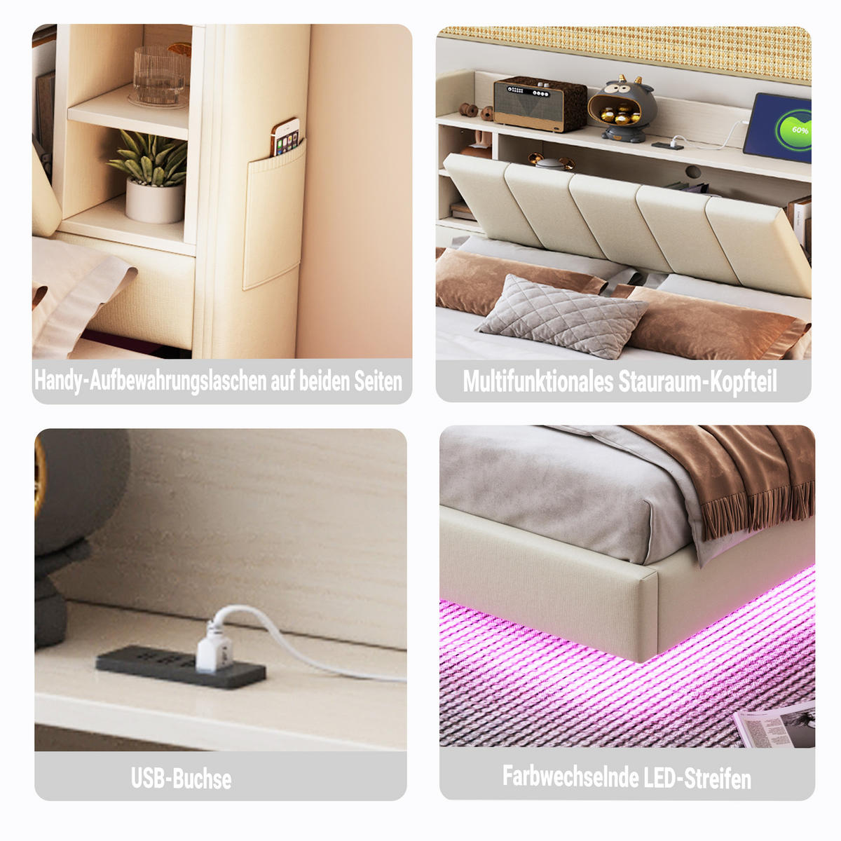 POLSTERBETT 160x200 cm LED USB beige - Beige, Textil (160/200cm) - LEBENLANG
