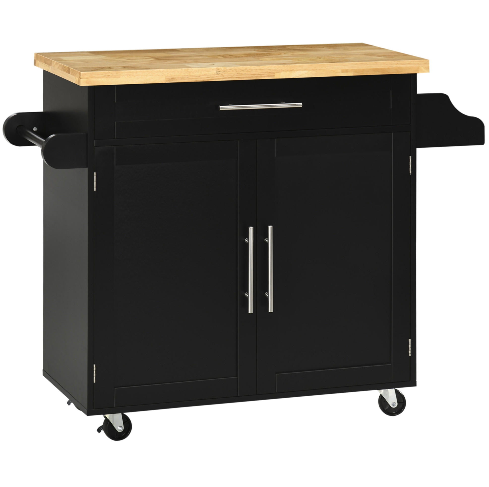OKWISH KUCHYŇSKÝ vozík 109/40/89 cm černý z dřeva s pracovní deskou, kořením a držákem na utěrky