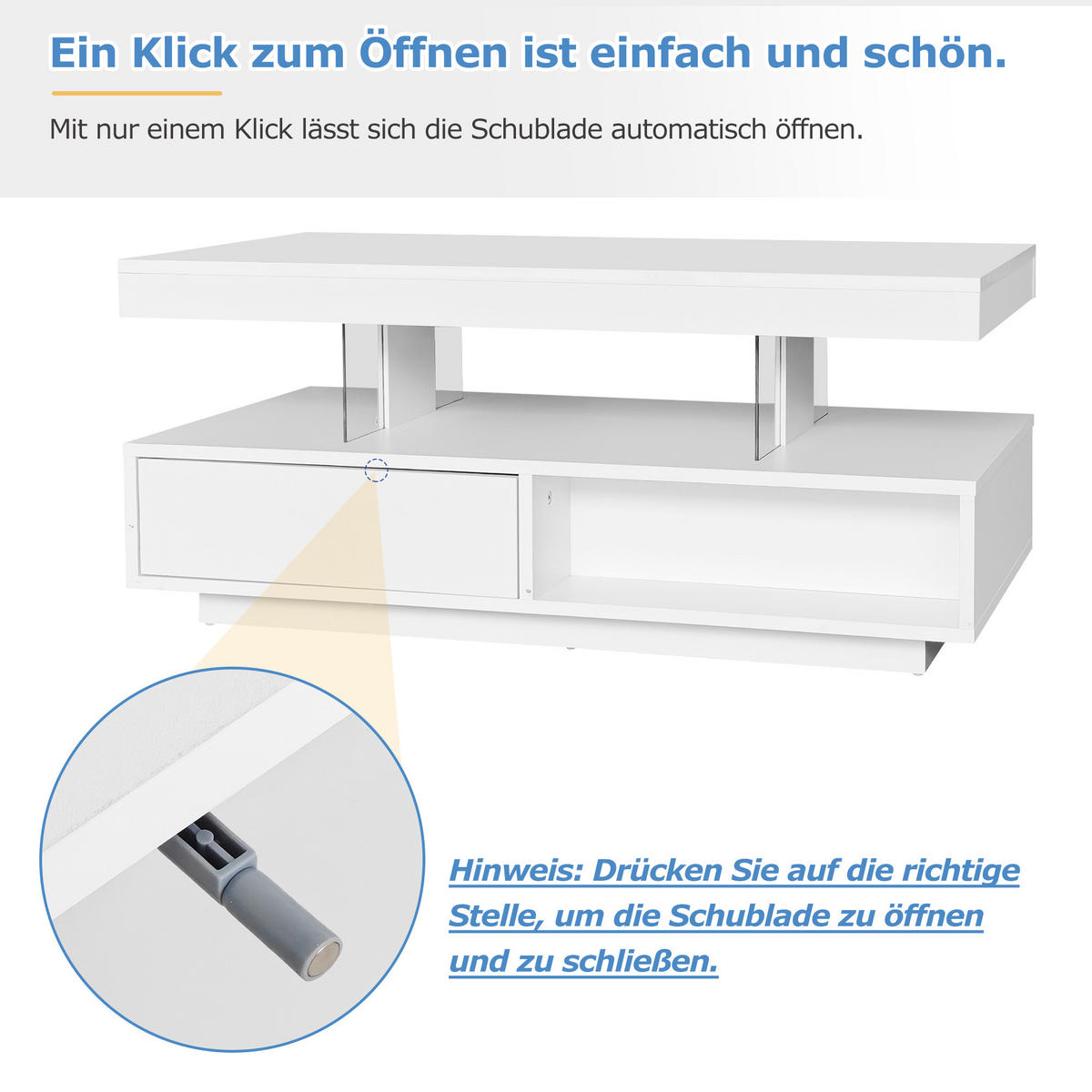 COUCHTISCH in Weiß Hochglanz Couchtisch mit 2 Schubladen, offenen Fächern für Wohnzimmer, B95/T50/H42.5cm - Weiß, Holzwerkstoff (50/95/42.5cm) - STILVORA