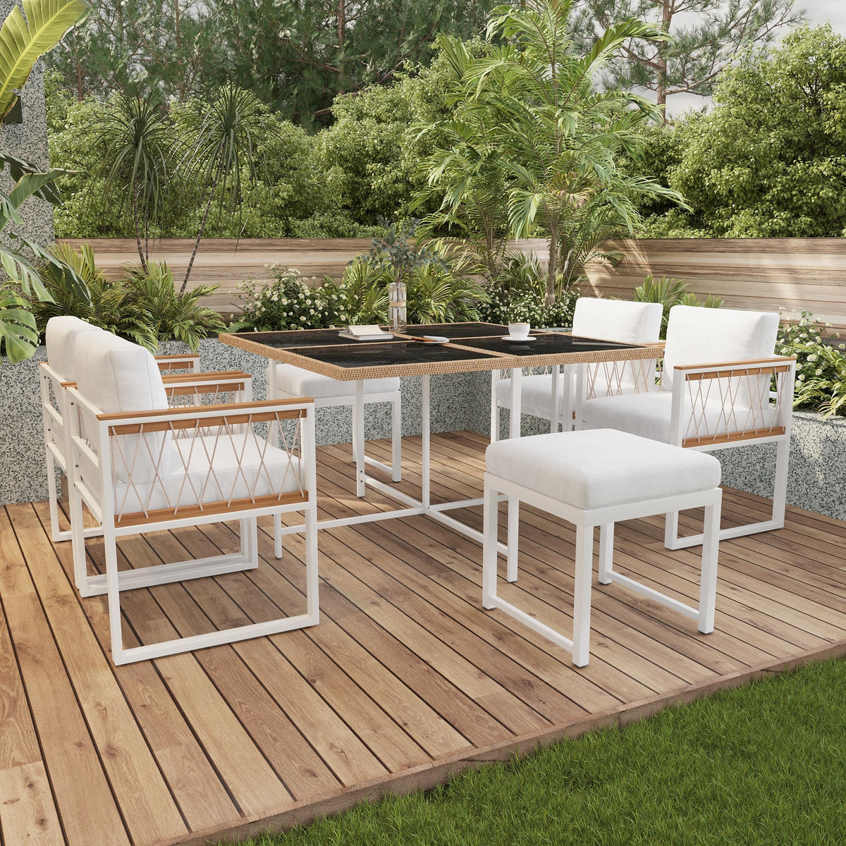 GARTENSET 7 tlg 6 Personen Tisch Stühle - Weiß, Metall - LEBENLANG
