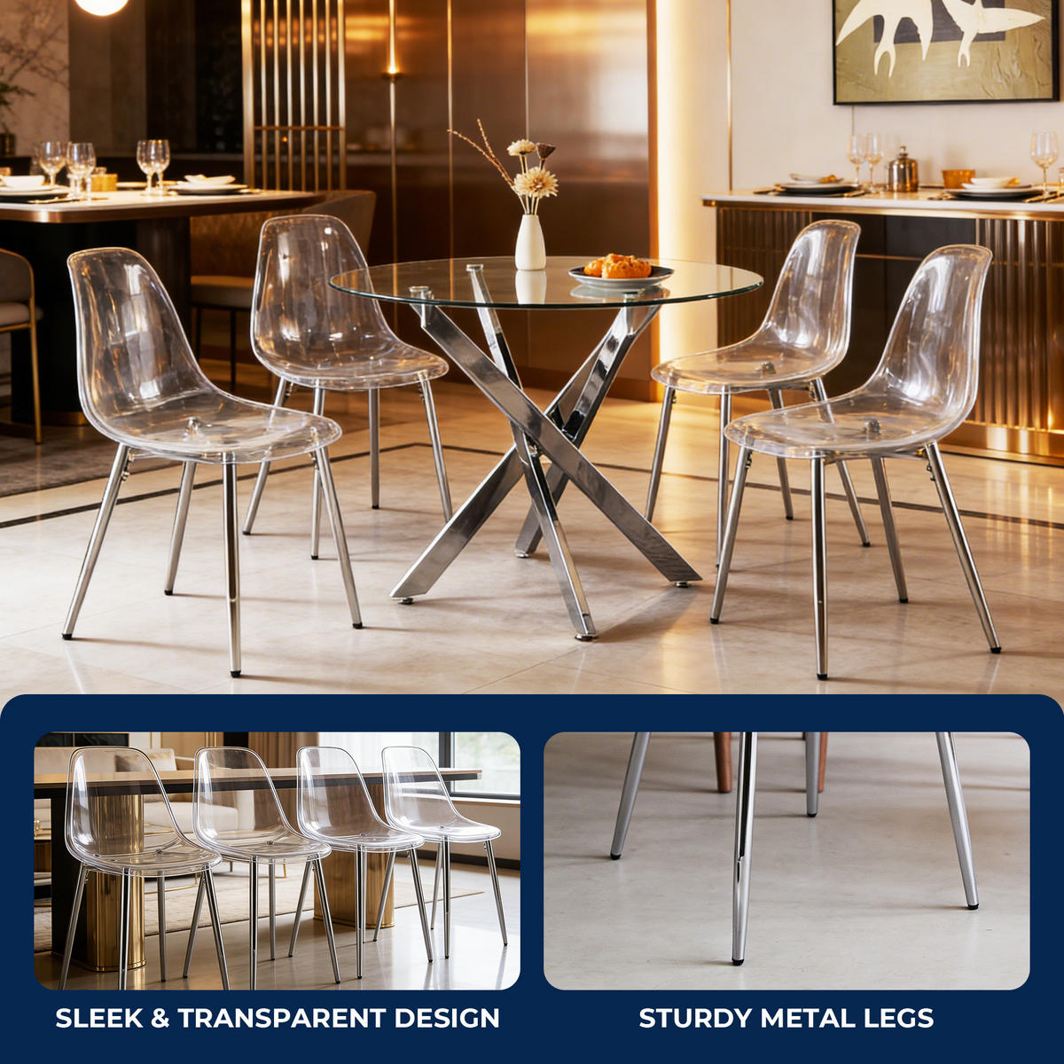 STUHL-SET DE-36421 4 Stück mit Acrylglas-Sitz und Metallbeinen Silber - Silberfarben, Kunststoff (47/81/45cm) - ComfortXL