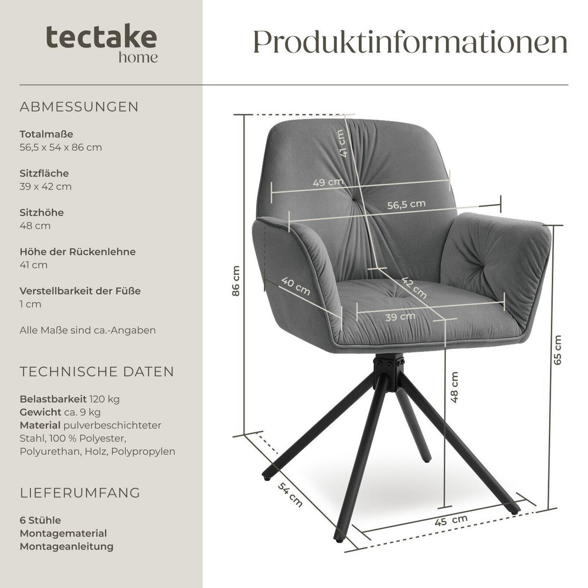 ARMLEHNSTUHL Drehbar Lenia,56,5 x 54 x 86 cm,Samtoptik anthrazit/schwarz - Anthrazit/Schwarz, Kunststoff (56.5/86/54cm) - tectake