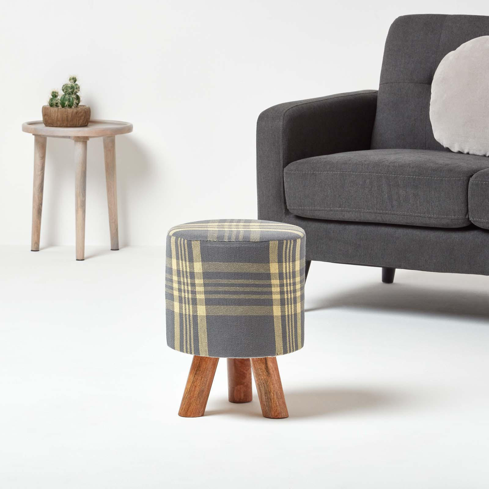 SITZHOCKER grau kariert, Dreibein 32/32/42 cm - Grau, Textil (32/42/32cm) - Homescapes