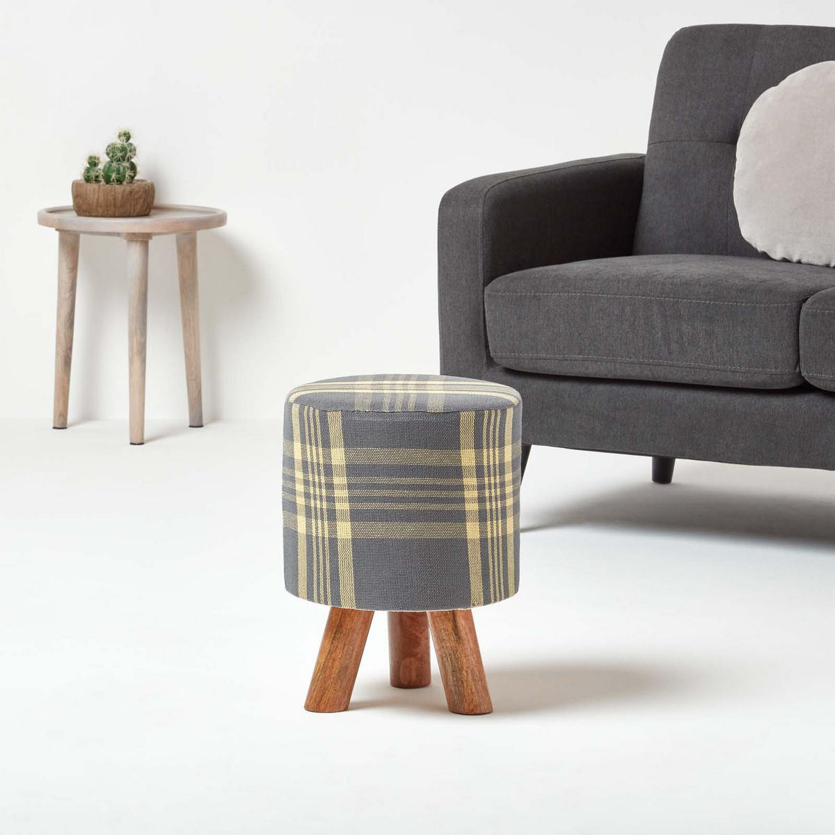 SITZHOCKER grau kariert, Dreibein 32/32/42 cm - Grau, Textil (32/42/32cm) - Homescapes