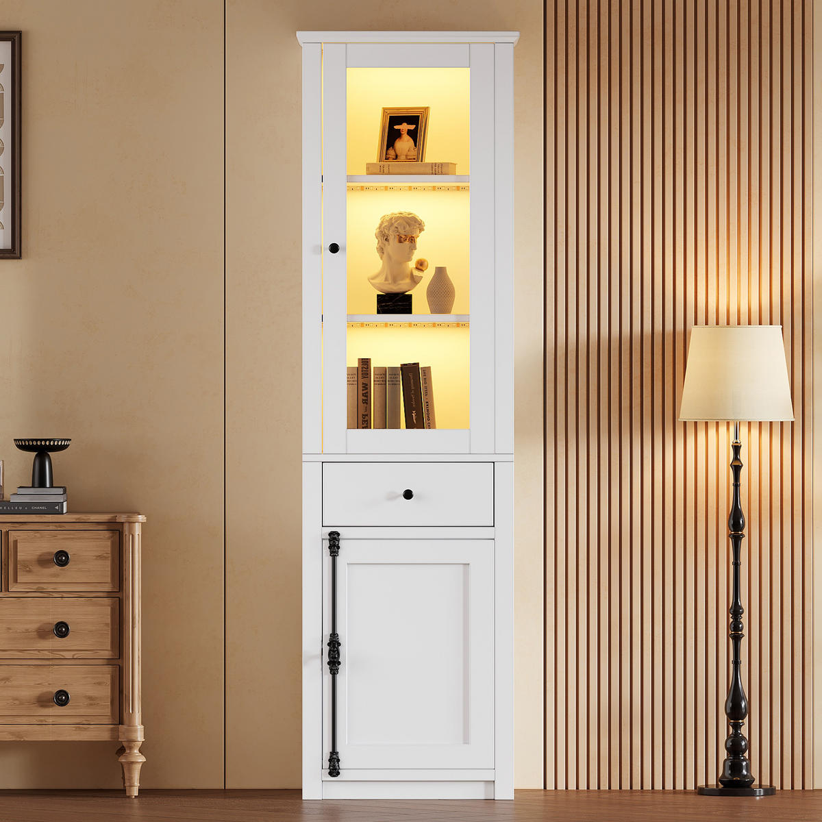 VITRINE LED Hochschrank Glas 200cm 2 Türen Schublade Weiß - Weiß, Holzwerkstoff (55/200/40cm) - FLIEKS
