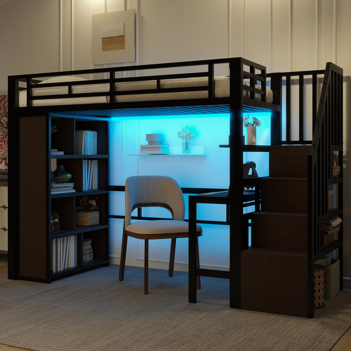 HOCHBETT 90/200 cm in Schwarz mit Schreibtisch, Regalen, LED und Stauraumtreppe - Schwarz, Holzwerkstoff/Metall (90/200cm) - STILVORA