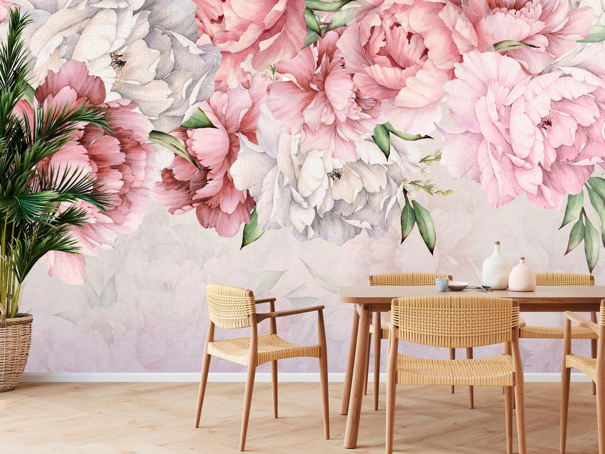 FOTOTAPETE für Badezimmer Zarte Rosa Pfingstrosen Blumen 200x140 - Violett/Rosa, Papier (200/140cm) - Muralo