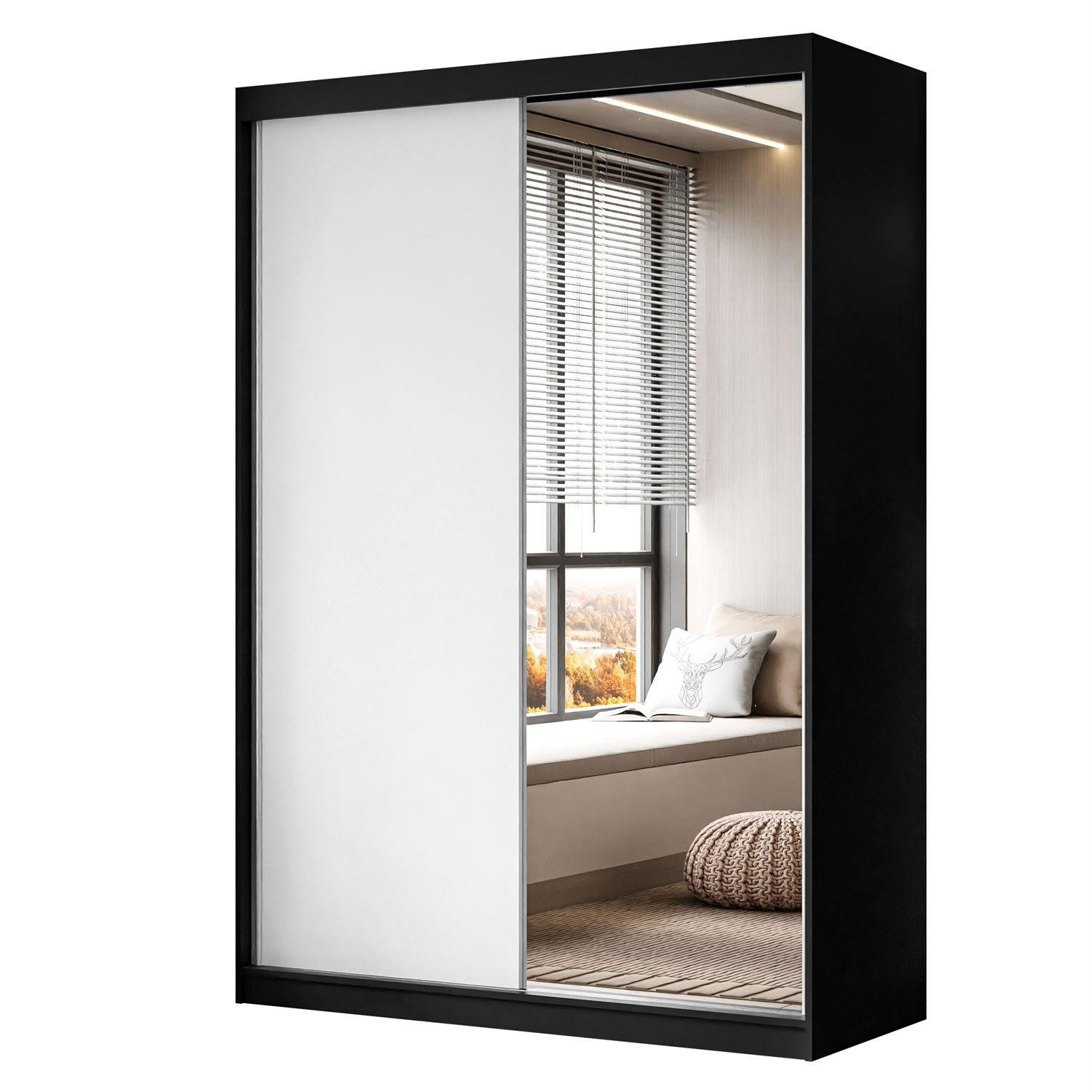 KLEIDERSCHRANK CAMARO II 150 cm mit Spiegel Schiebetürenschrank Schwarz / Weiß - Schwarz/Weiß, Holzwerkstoff (150/215/59cm) - Lookway