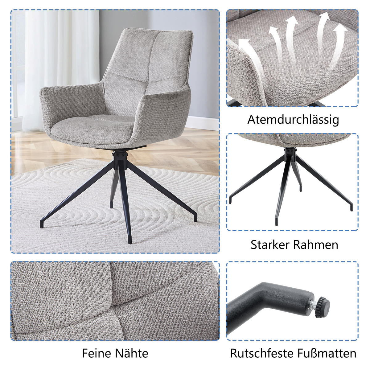 ARMLEHNSTUHL-SET DE-36554 2 Stück mit Stoffbezug Grau - Grau, Metall (50/85/48cm) - ComfortXL