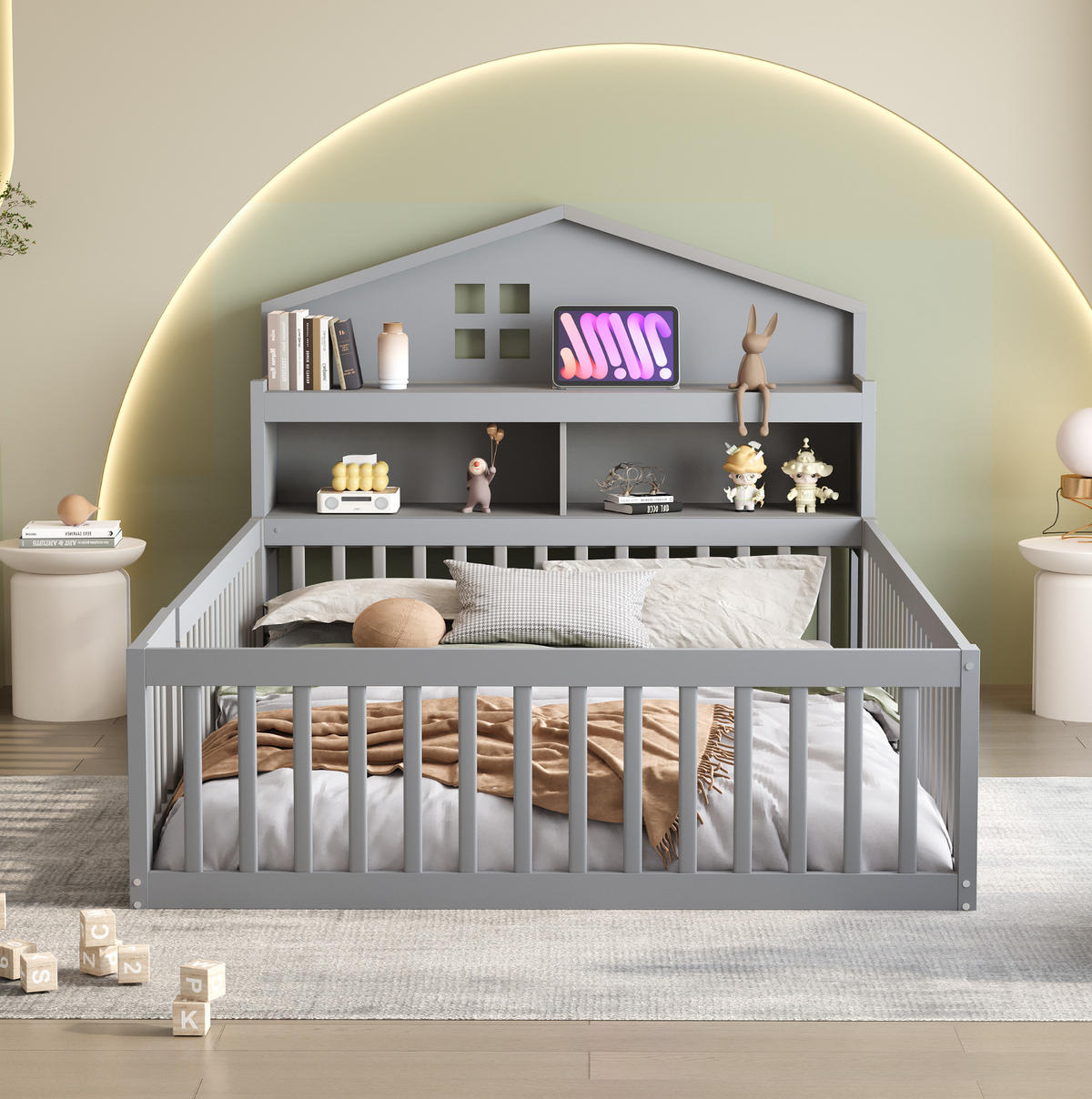 KINDERBETT 140/200 cm Grau aus Massivholz mit Hausrahmen und Stauraum - Grau, Holz (140/200cm) - OKMYHOME