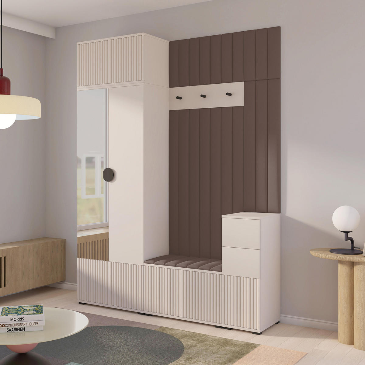 GARDEROBE Ritmo version 8 gefräste Kleiderschrank mit Polsterplatten Braun - Beige/Braun, Holzwerkstoff (170/225/40cm) - Jerpax