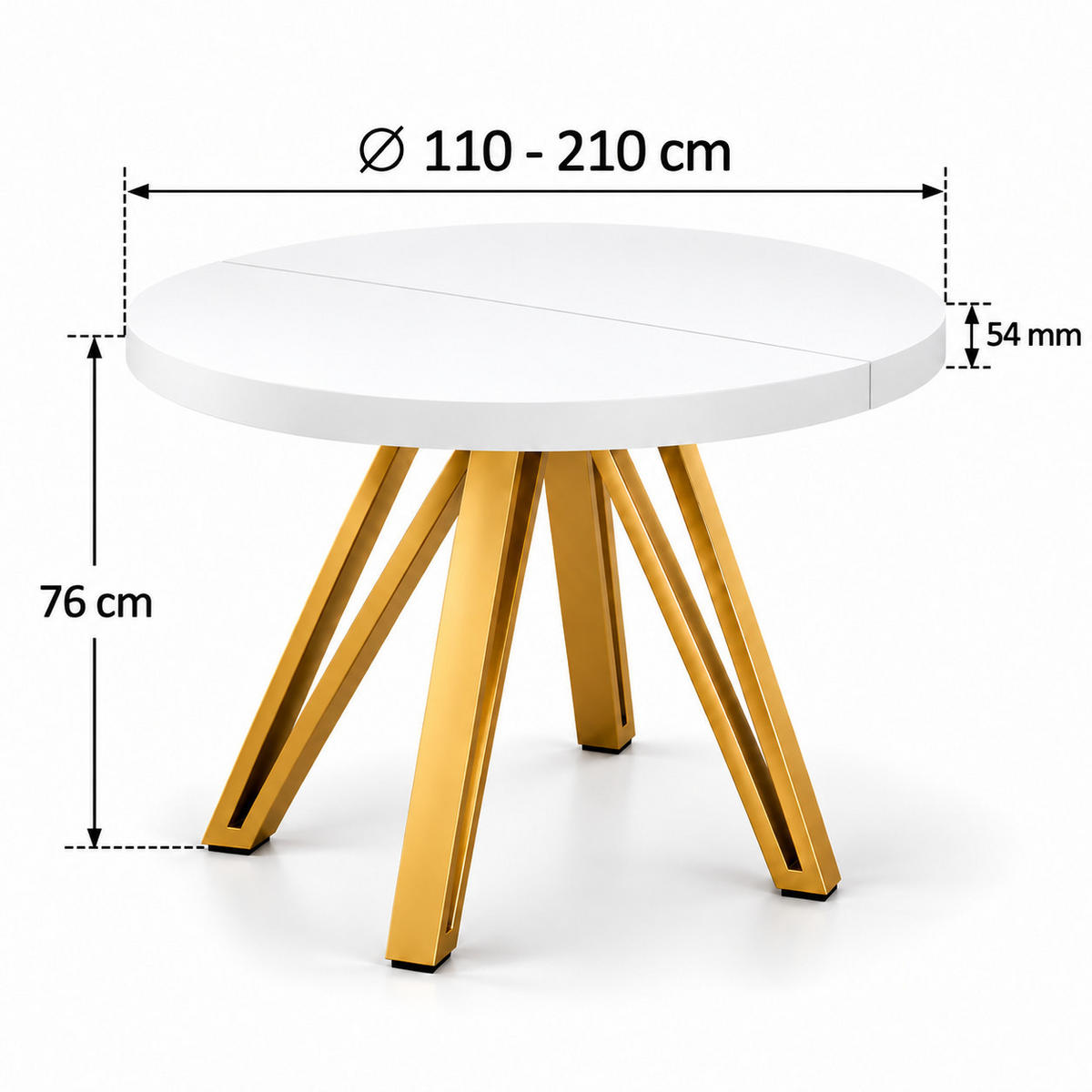 ESSTISCH rund ausziehbar 110/210/76 cm, Weiß, 54 cm Tischplatte + Industrial Metallgestell Gold - Goldfarben/Weiß, Holzwerkstoff/Metall (110/210/76cm) - Damale Möbel