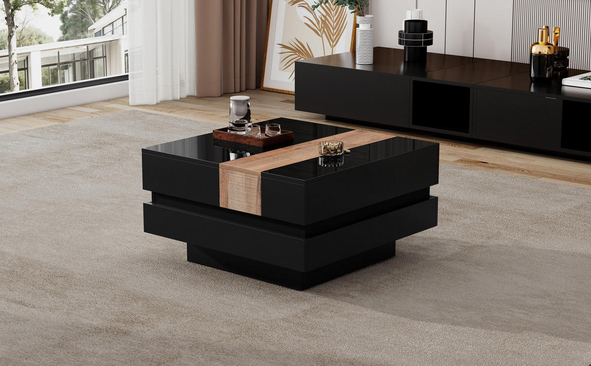 COUCHTISCH mit ausziehbarer Platte & Stauraum, MDF/PB, Schwarz-Holz Optik, Hochglanz, 70/70/39 cm,Schwarz - Schwarz, Holzwerkstoff (70/70/39cm) - Redom