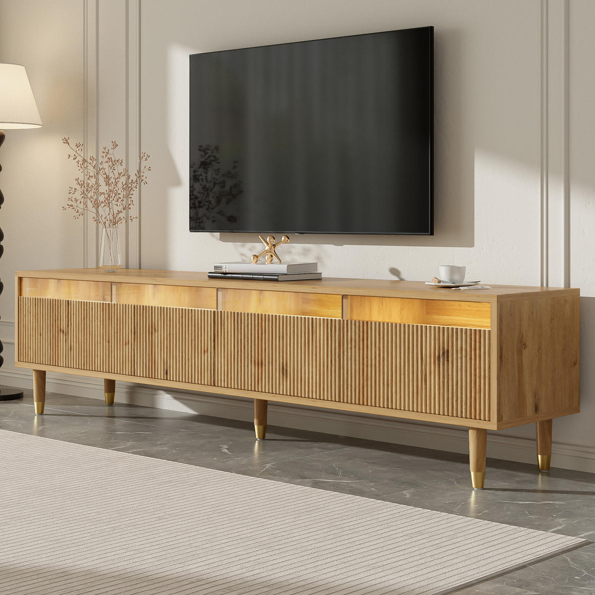 TV-SCHRANK 178/35/45 cm Holzoptik mit 4 Schubladen aus MDF und Acryl, minimalistisches Design - Naturfarben, Holzwerkstoff (178/45/35cm) - OKWISH