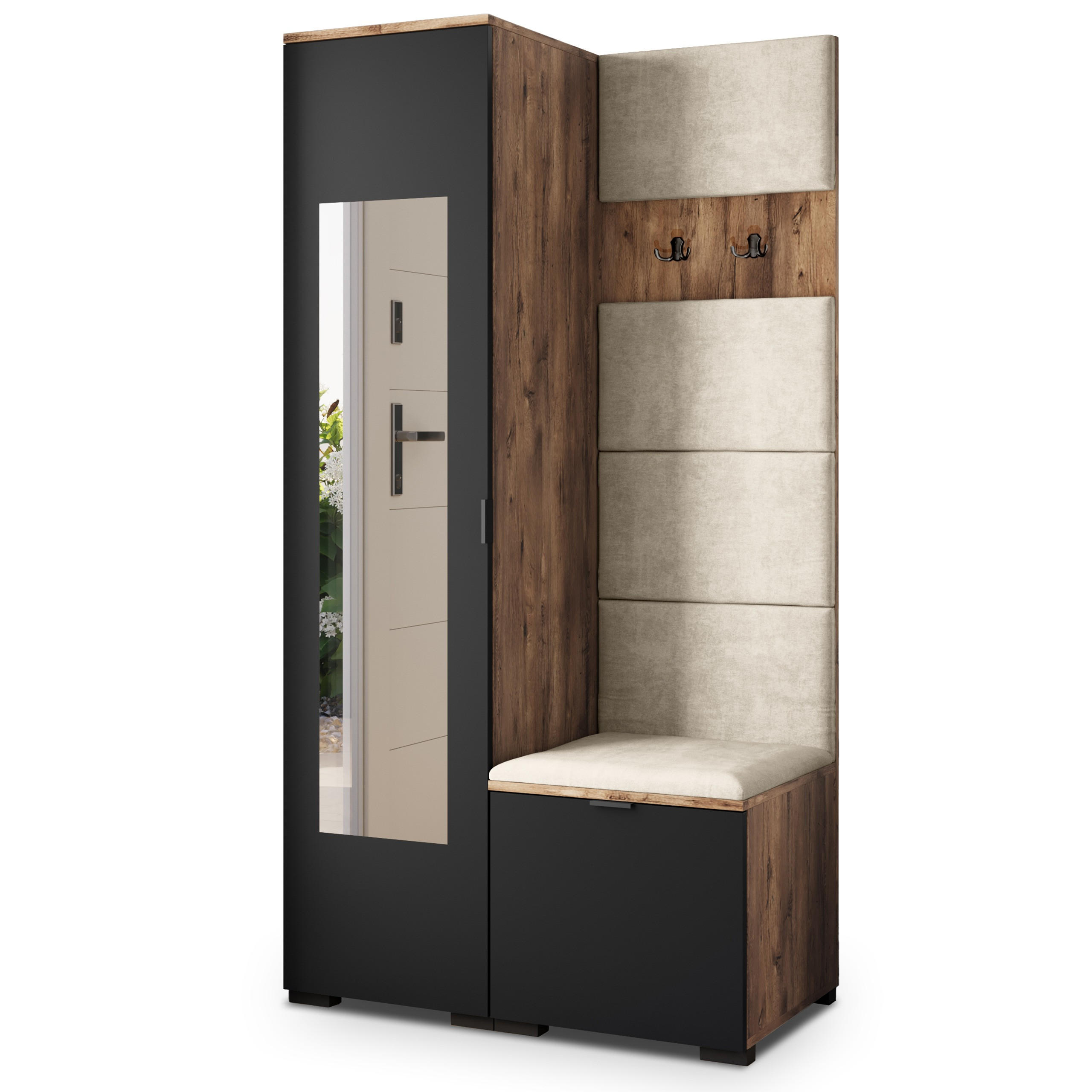 Masseno Garderobenschrank Eiche, Schwarz, Beige 95x181x51 cm