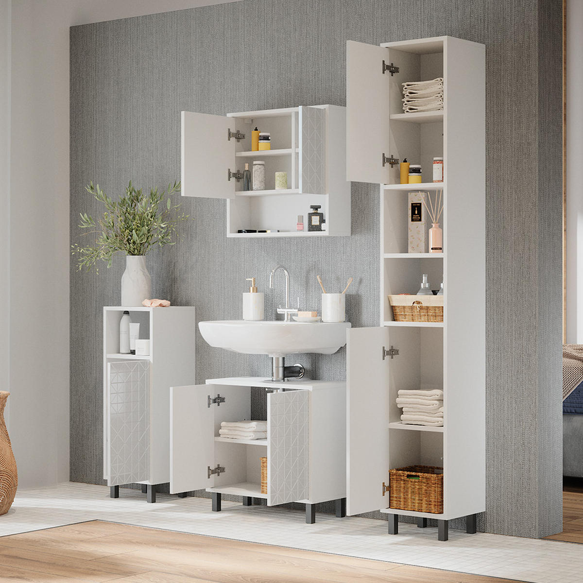 BADSCHRANK Agasta Weiß 30 x 190.3 cm - Weiß, Holzwerkstoff (30/190.3/28cm) - Vicco
