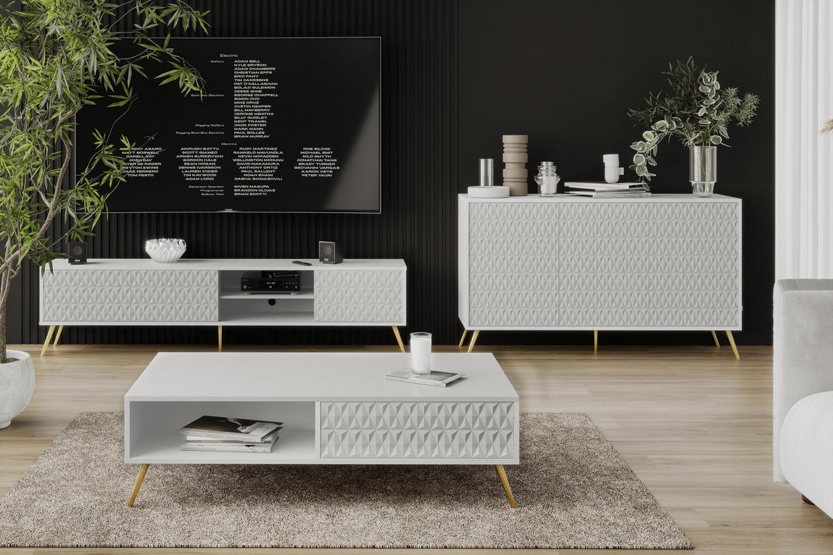 SIDEBOARD Delvine 3T Weiß 154/78/38 cm – mit schwarzen Beinen und 3 verzierten Türen - Goldfarben/Weiß, Holzwerkstoff (154/78/38cm) - AX Living