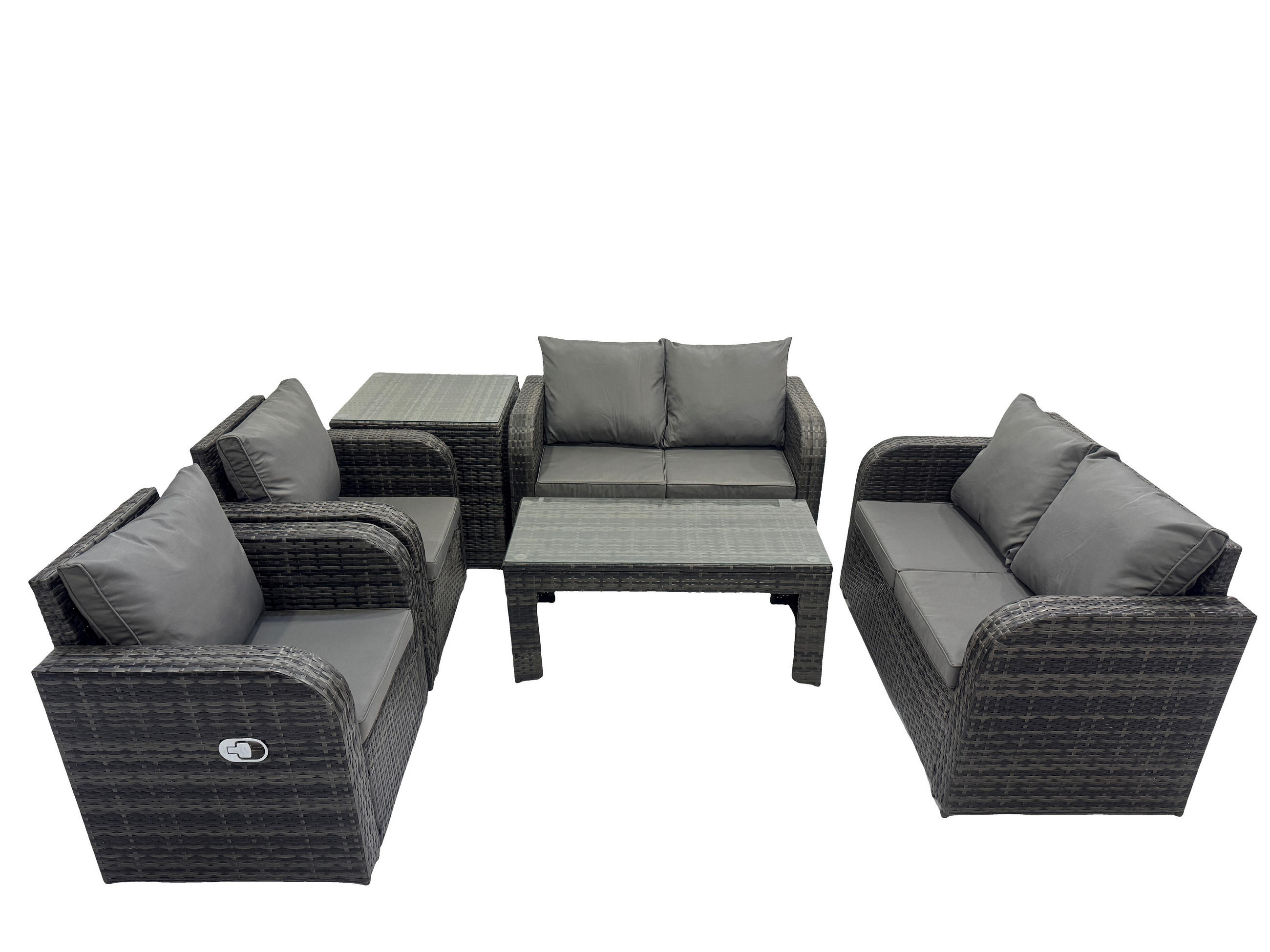 GARTENSOFA SET mit LIEGESTUHL Polyrattan 6-Sitzer Dunkelgrau - Dunkelgrau/Grau, Glas/Kunststoff - Fimous